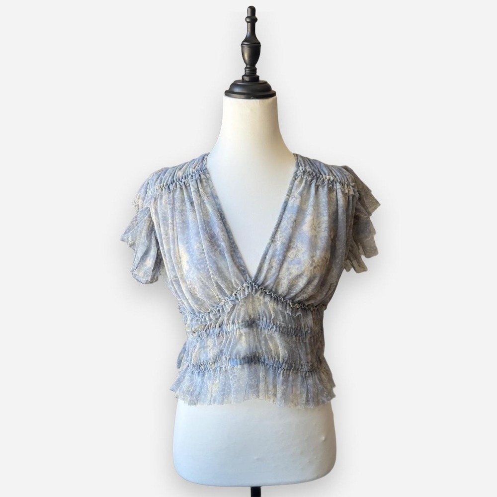 Free People Making Me Smile Blue Floral Mesh Ruffle Top Smocked Blouse Medium